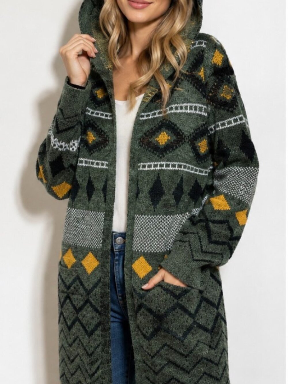 Serengeti Hooded Cardigan Women’s M Green Geometric Boho Knit Sweater